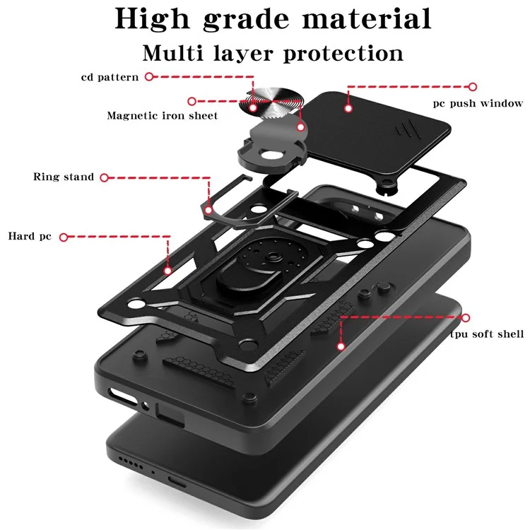 Funda para TECNO Pova 6 Neo con tapa de la cámara deslizante PC+TPU, con soporte - Negro