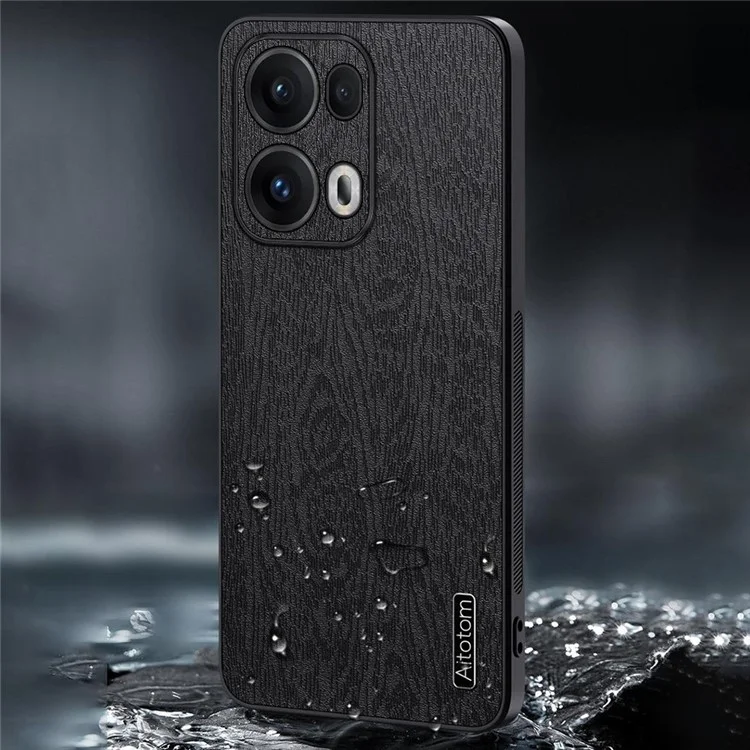 Für Oppo Reno13 Pro 5G Hülle Holzmaserung PU-Leder beschichtet PC+TPU Handyhülle - Schwarz