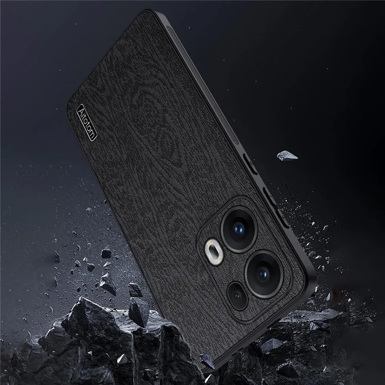 Für Oppo Reno13 Pro 5G Hülle Holzmaserung PU-Leder beschichtet PC+TPU Handyhülle - Schwarz