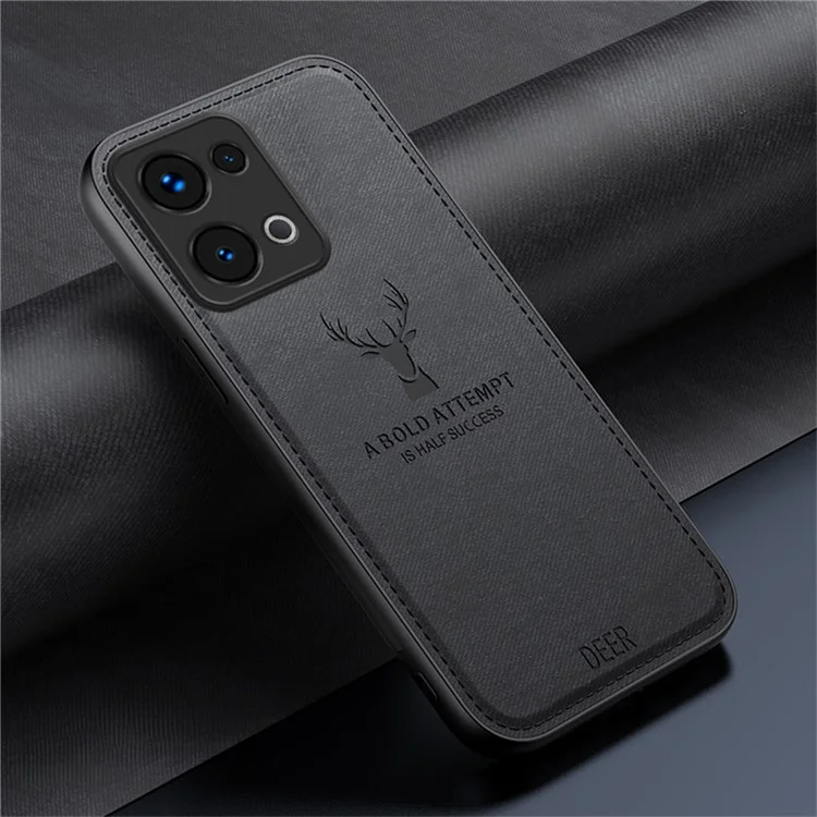 Чехол для Oppo Reno13 5G (Глобальная версия) с узором из оленей, текстурой ткани и гибридной кожаной отделкой - черный