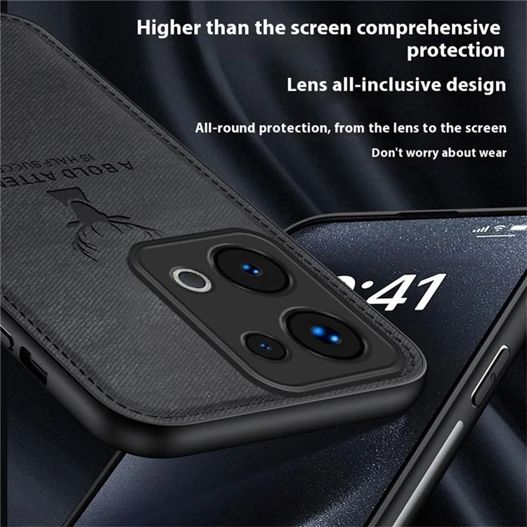 Чехол для Oppo Reno13 5G (Глобальная версия) с узором из оленей, текстурой ткани и гибридной кожаной отделкой - черный