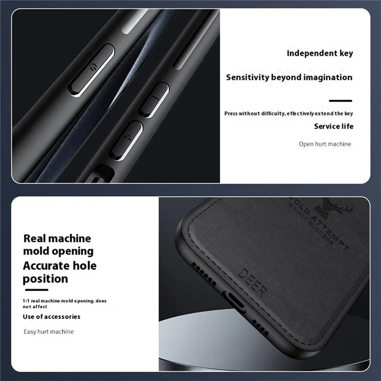 Чехол для Oppo Reno13 5G (Глобальная версия) с узором из оленей, текстурой ткани и гибридной кожаной отделкой - черный