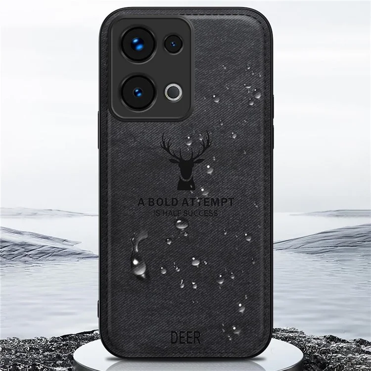Чехол для Oppo Reno13 5G (Глобальная версия) с узором из оленей, текстурой ткани и гибридной кожаной отделкой - черный