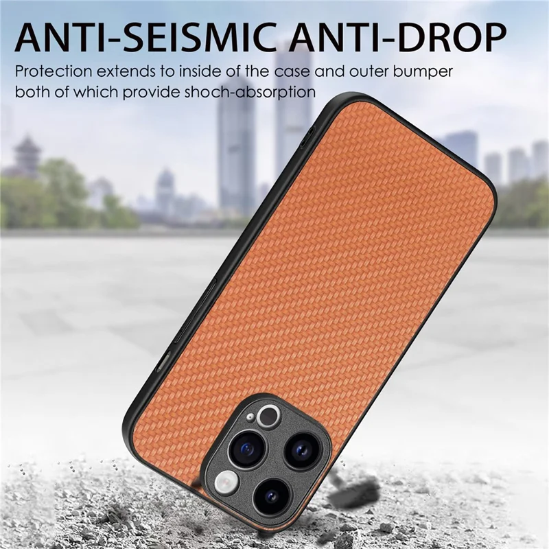 For iPhone 15 Pro Max Case Carbon Fiber Texture PU+PC+TPU Phone Cover - Brown