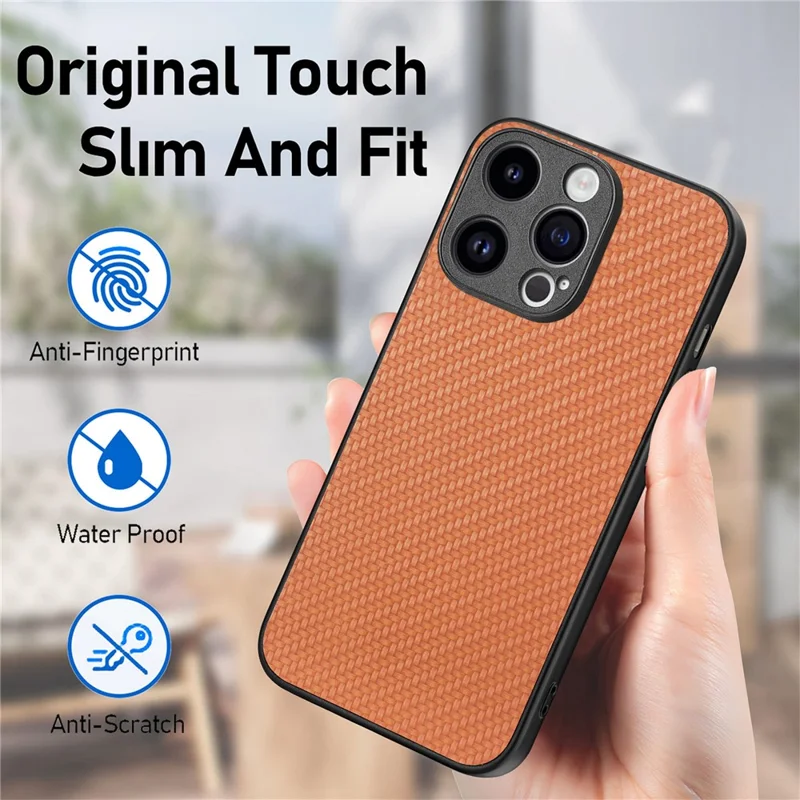 For iPhone 15 Pro Max Case Carbon Fiber Texture PU+PC+TPU Phone Cover - Brown
