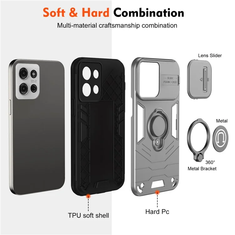 Для Motorola Moto G75 5G Чехол Slide Camshield Kickstand PC+TPU Чехол для телефона - Серый