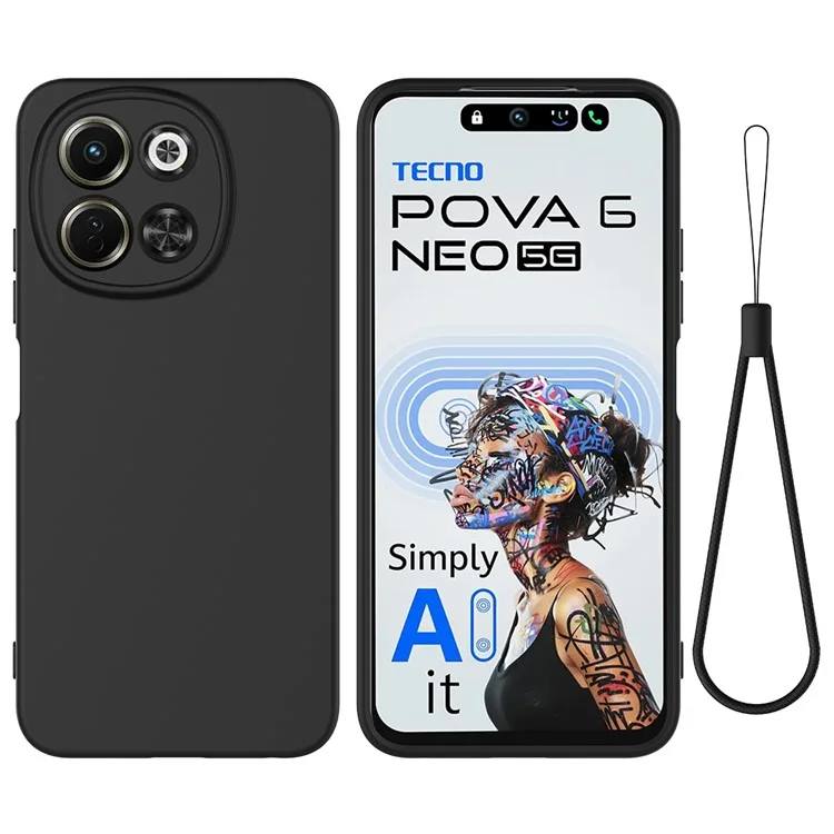 For TECNO Spark 30 5G  /  Pova 6 Neo 5G Case Liquid Silicone Phone Back Cover with Hand Strap - Black