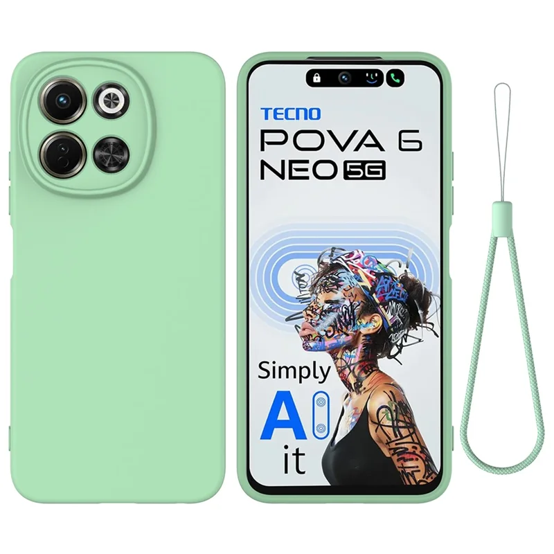 For TECNO Spark 30 5G  /  Pova 6 Neo 5G Case Liquid Silicone Phone Back Cover with Hand Strap - Green