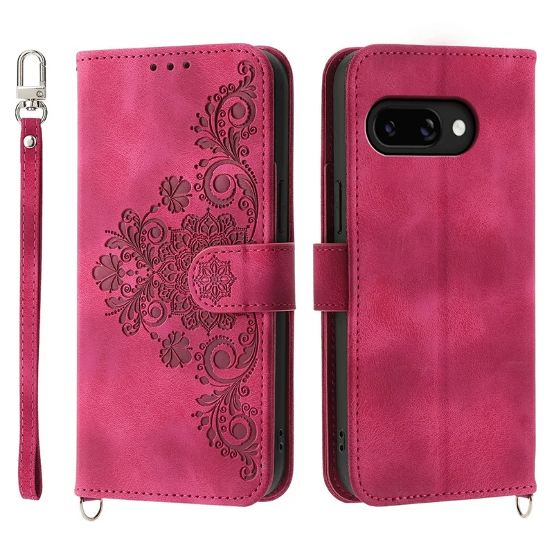 Étui pour Google Pixel 9a, motif floral, portefeuille en cuir PU avec sangle - Rouge vin