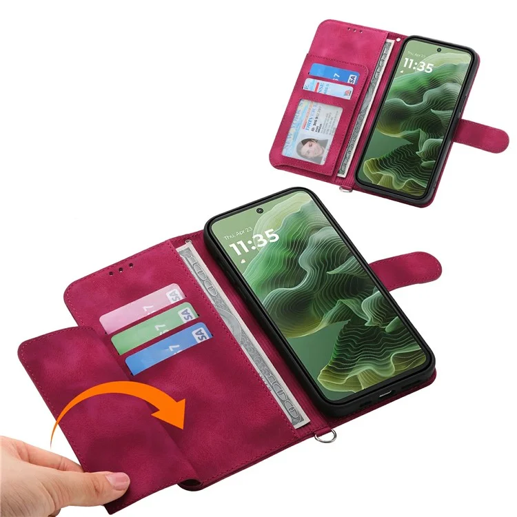 Étui pour Motorola Moto G35 5G, motif floral en cuir PU, étui portefeuille pour téléphone avec sangle - Rouge vin