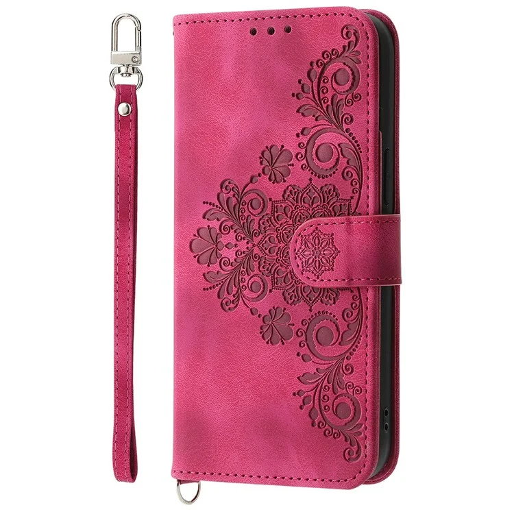 Étui pour Motorola Moto G35 5G, motif floral en cuir PU, étui portefeuille pour téléphone avec sangle - Rouge vin