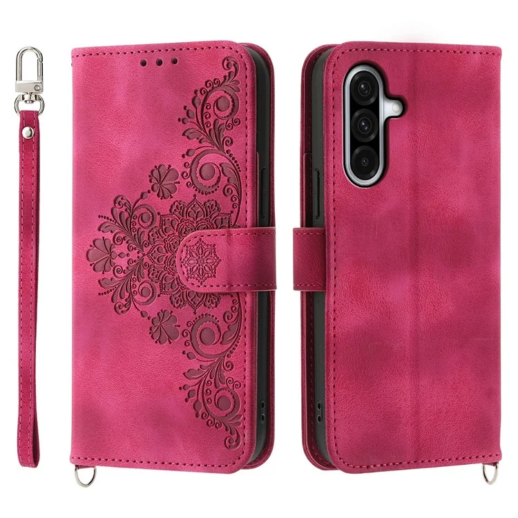 Coque pour Samsung Galaxy A56 5G, motif floral, portefeuille en cuir PU avec dragonne - Rouge vin