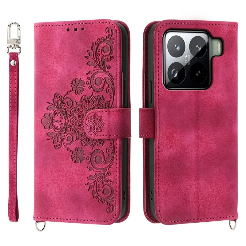 Fodral för Xiaomi 15 Pro med blommönster, plånboksfodral i PU-läder med rem – Vinröd