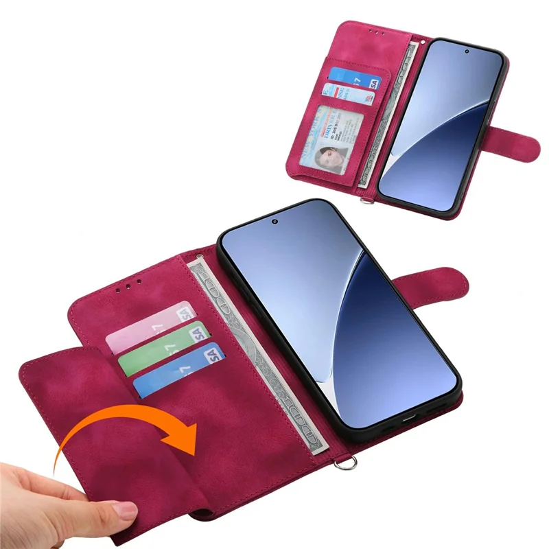 Fodral för Xiaomi 15 Pro med blommönster, plånboksfodral i PU-läder med rem – Vinröd