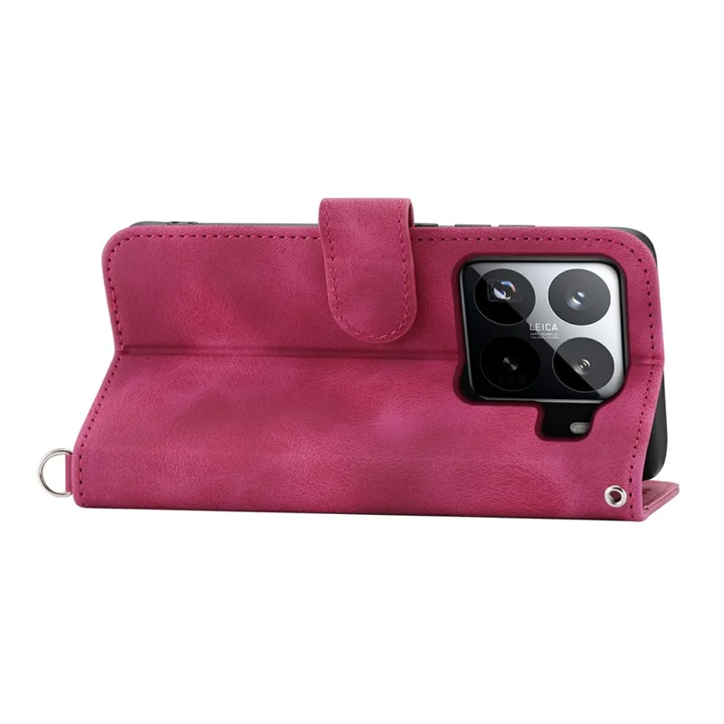 Fodral för Xiaomi 15 Pro med blommönster, plånboksfodral i PU-läder med rem – Vinröd