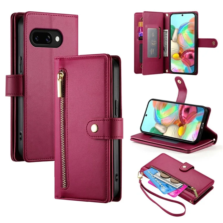 Capa de telefone de couro com bolso de zíper e alças para o Google Pixel 9a - Vermelho