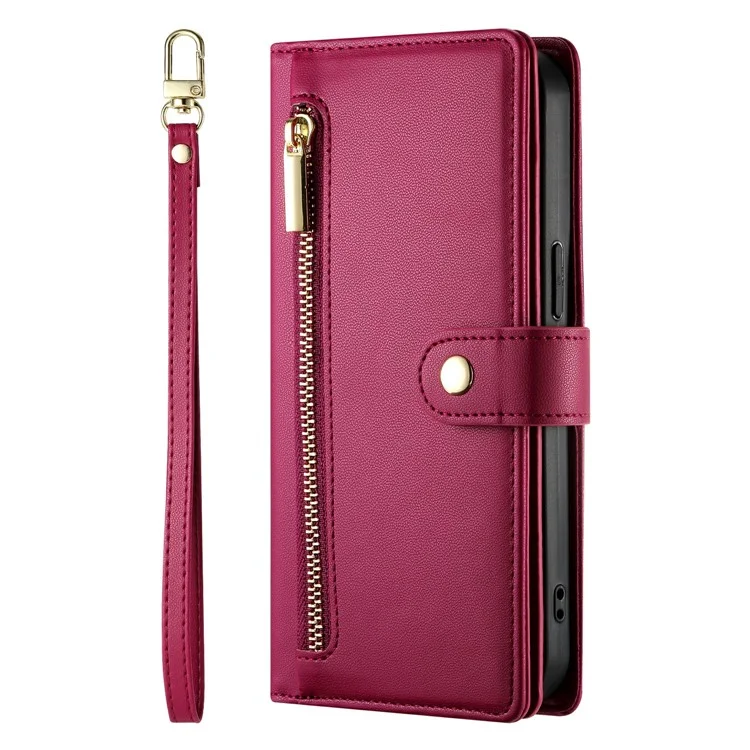Capa de telefone de couro com bolso de zíper e alças para o Google Pixel 9a - Vermelho