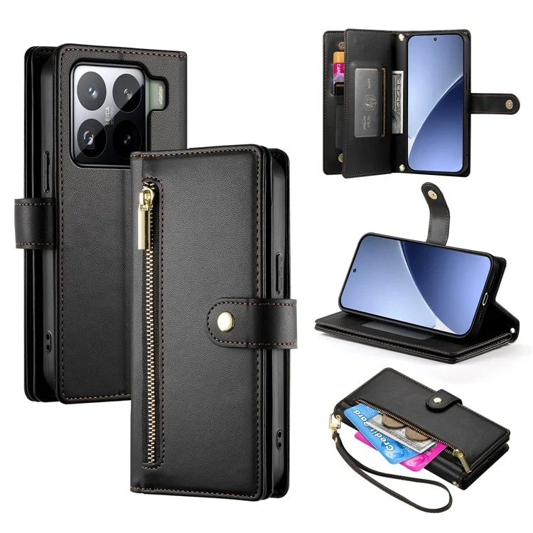 DF-011 Hülle für Xiaomi 15 Pro, Brieftasche mit Reißverschlusstasche und Lederhandycover mit Tragriemen - Schwarz