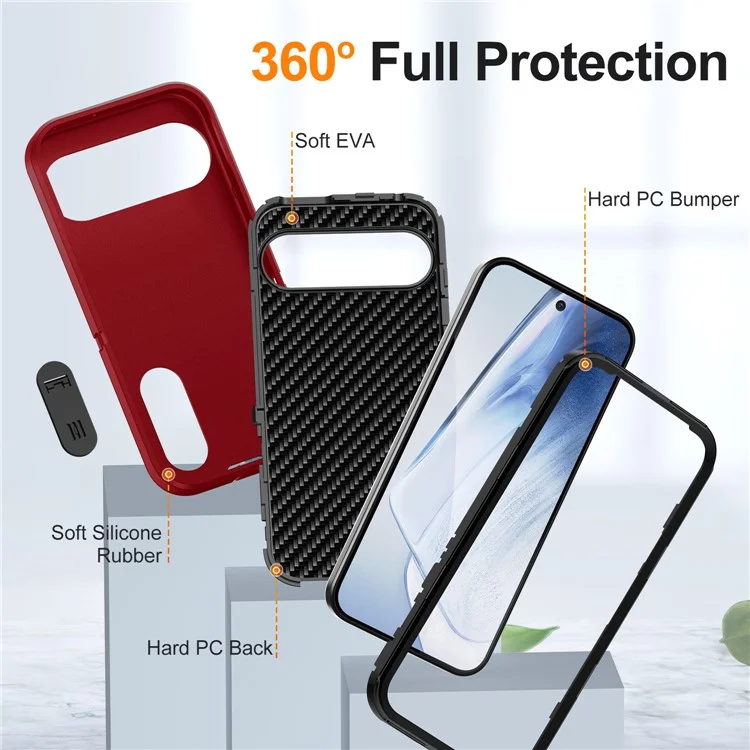 For Google Pixel 9 Pro / Pixel 9 Case Kickstand Phone Cover PC+Silicone+EVA 3-in-1 Design - Red+Black