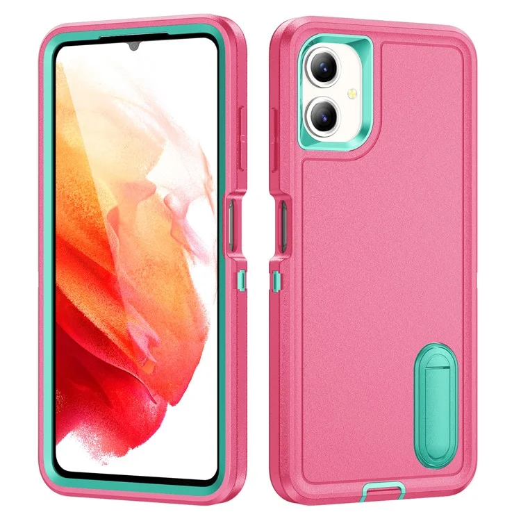 Для чехла Samsung Galaxy A06 с подставкой, 3-в-1 дизайн из ПК+силикона+ЭВА - Розовый+Светло-бирюзовый