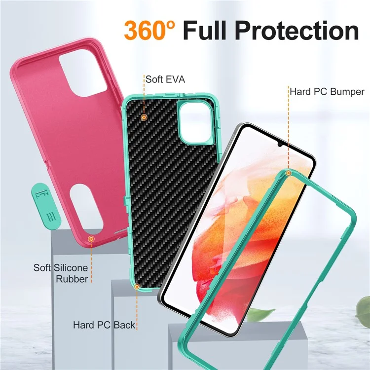 Для чехла Samsung Galaxy A06 с подставкой, 3-в-1 дизайн из ПК+силикона+ЭВА - Розовый+Светло-бирюзовый