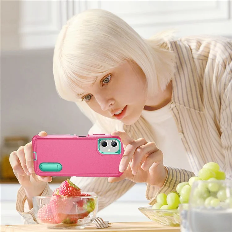 Для чехла Samsung Galaxy A06 с подставкой, 3-в-1 дизайн из ПК+силикона+ЭВА - Розовый+Светло-бирюзовый