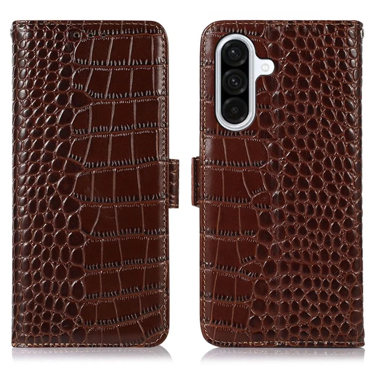 For Samsung Galaxy A26 5G Hülle Krokodillederstruktur Echtes Rindsleder Telefongeldbörse - Braun