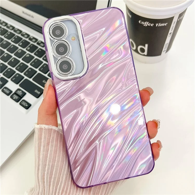 Custodia per Samsung Galaxy A35 5G, design IMD, antiurto, cover in PC+TPU con pellicola per lente in vetro - Motivo a onde / Viola