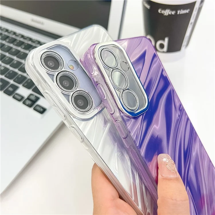 Para Samsung Galaxy A25 5G (Global) (161.0 x 76.5 x 8.3 mm) Funda IMD Design PC+TPU Cubierta de teléfono con película de lente de vidrio - Patrón de ondas / Púrpura