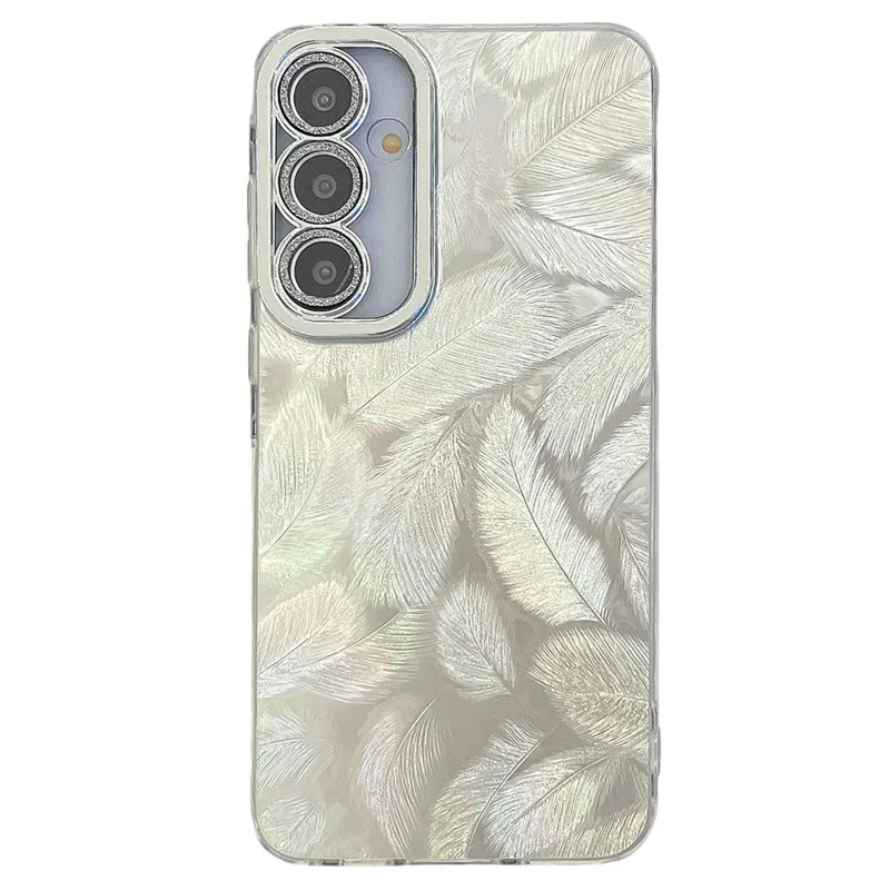 For Samsung Galaxy S24+ Case IMD Design Shockproof PC+TPU Phone Cover with Glass Lens Film - Feather Pattern / Silver