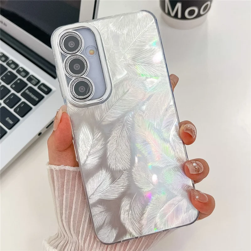 For Samsung Galaxy S24+ Case IMD Design Shockproof PC+TPU Phone Cover with Glass Lens Film - Feather Pattern / Silver