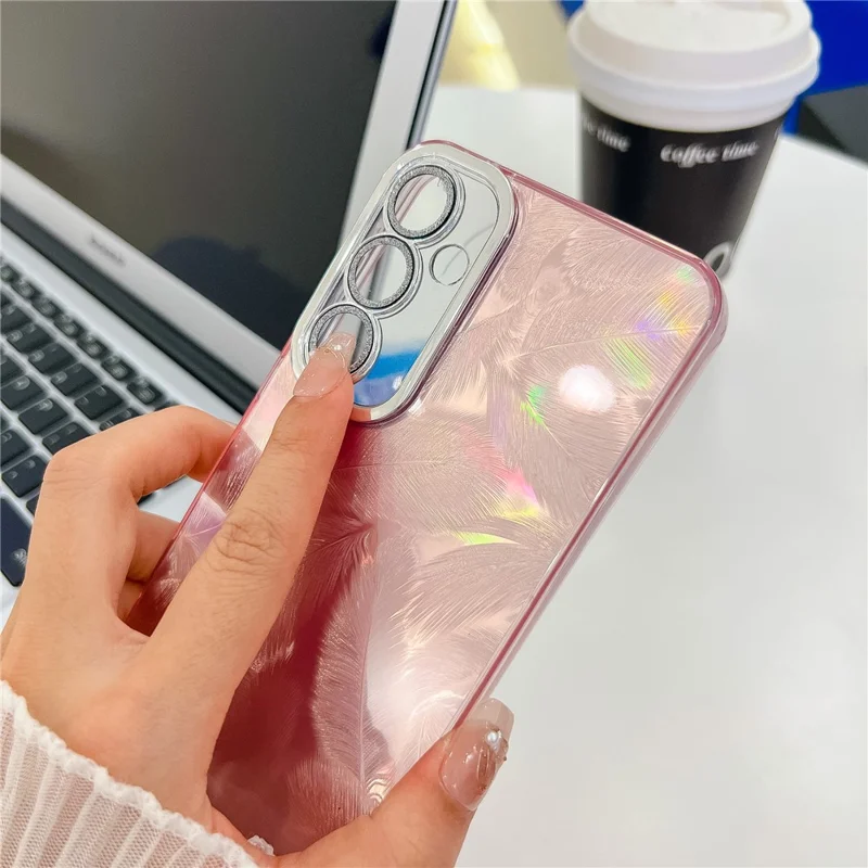 For Samsung Galaxy S24+ Case IMD Design Shockproof PC+TPU Phone Cover with Glass Lens Film - Feather Pattern / Silver