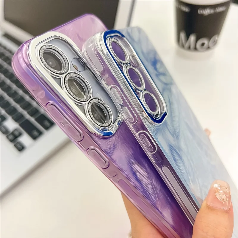 For Samsung Galaxy S24+ Case IMD Design Shockproof PC+TPU Phone Cover with Glass Lens Film - Feather Pattern / Silver