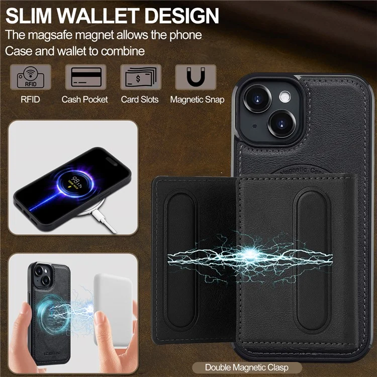 LC.IMEEKE L5 per iPhone 14 Plus Custodia magnetica per telefono in pelle con portacarte staccabile - Nero