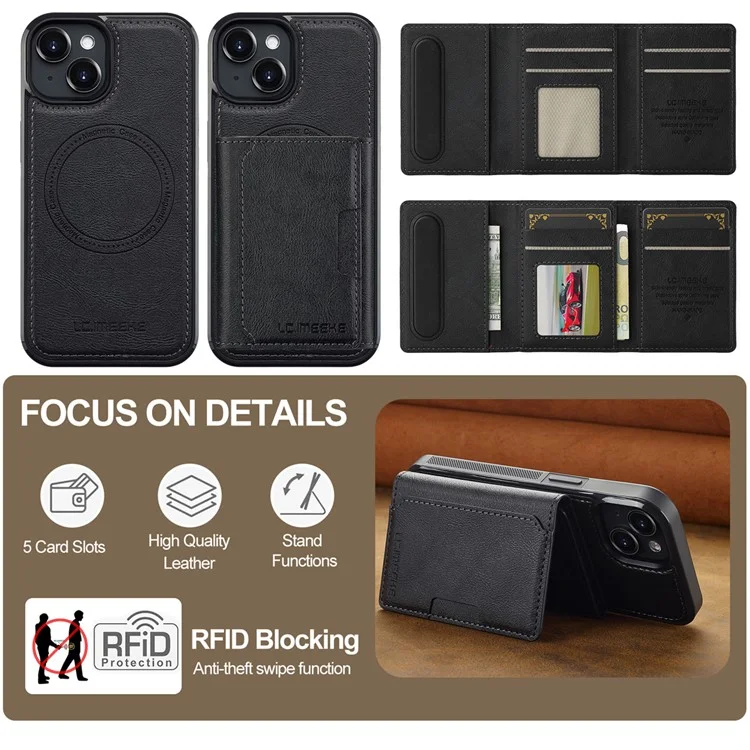 LC.IMEEKE L5 per iPhone 14 Plus Custodia magnetica per telefono in pelle con portacarte staccabile - Nero