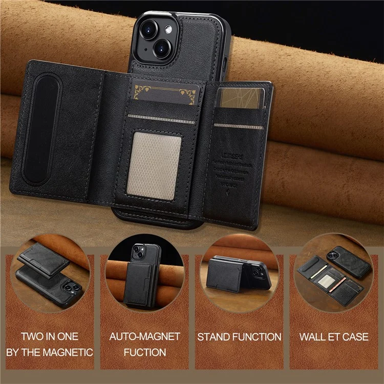 LC.IMEEKE L5 per iPhone 14 Plus Custodia magnetica per telefono in pelle con portacarte staccabile - Nero