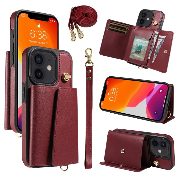 Custodia a tracolla per iPhone 12 Pro / 12 con porta carte, supporto e rivestimento in pelle e TPU - Rosso vino