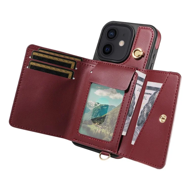 Custodia a tracolla per iPhone 12 Pro / 12 con porta carte, supporto e rivestimento in pelle e TPU - Rosso vino