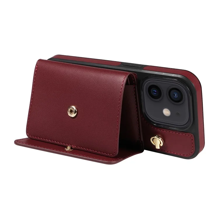 Custodia a tracolla per iPhone 12 Pro / 12 con porta carte, supporto e rivestimento in pelle e TPU - Rosso vino