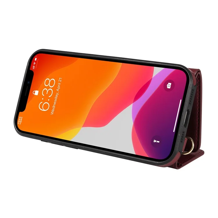 Custodia a tracolla per iPhone 12 Pro / 12 con porta carte, supporto e rivestimento in pelle e TPU - Rosso vino