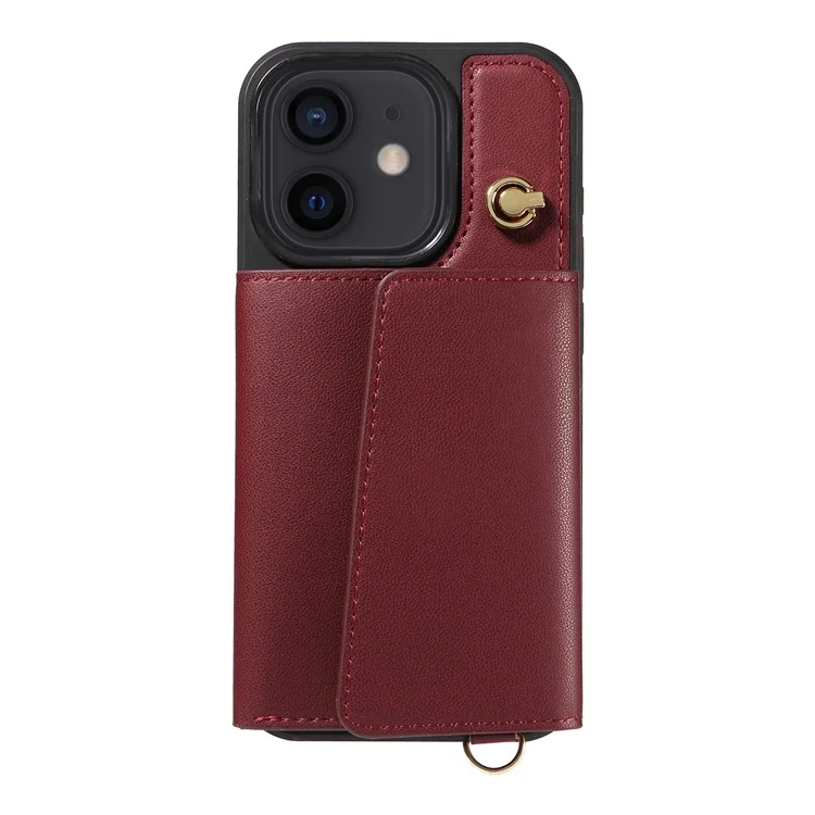 Custodia a tracolla per iPhone 12 Pro / 12 con porta carte, supporto e rivestimento in pelle e TPU - Rosso vino