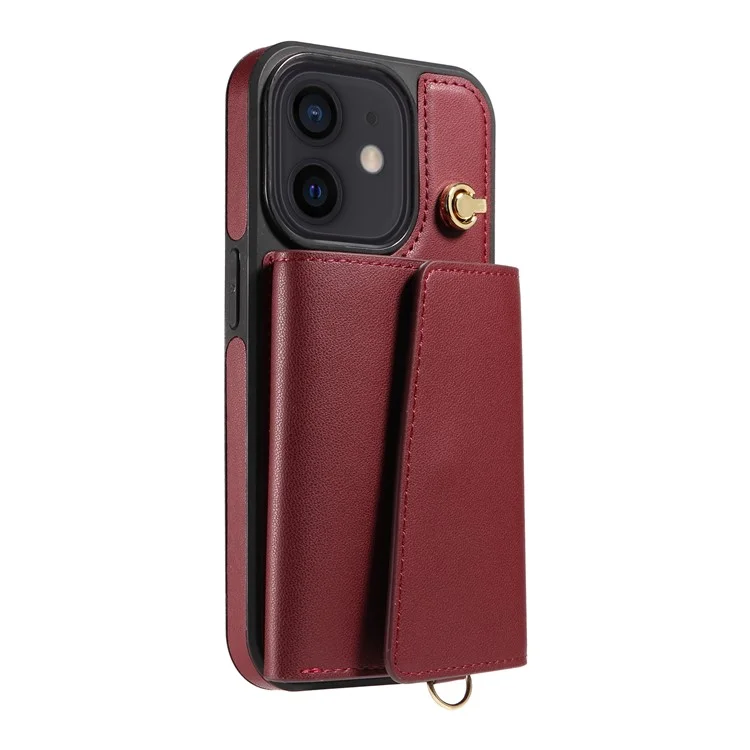 Custodia a tracolla per iPhone 12 Pro / 12 con porta carte, supporto e rivestimento in pelle e TPU - Rosso vino