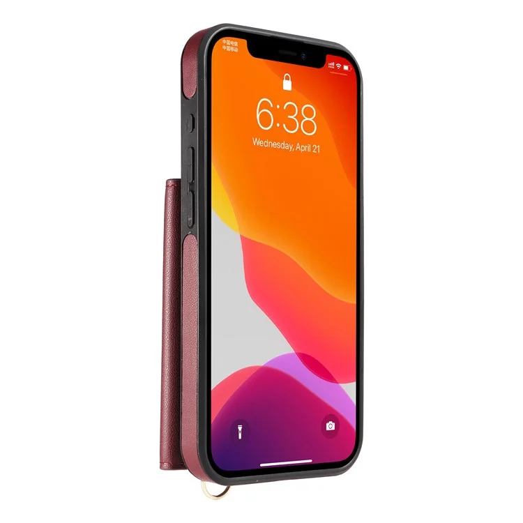 Custodia a tracolla per iPhone 12 Pro / 12 con porta carte, supporto e rivestimento in pelle e TPU - Rosso vino