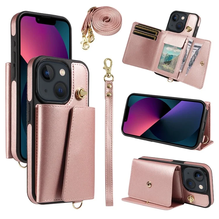 Чехол для iPhone 14 / 13 с ремешком через плечо, держателем для карт и подставкой, кожаное покрытие, TPU - розовое золото