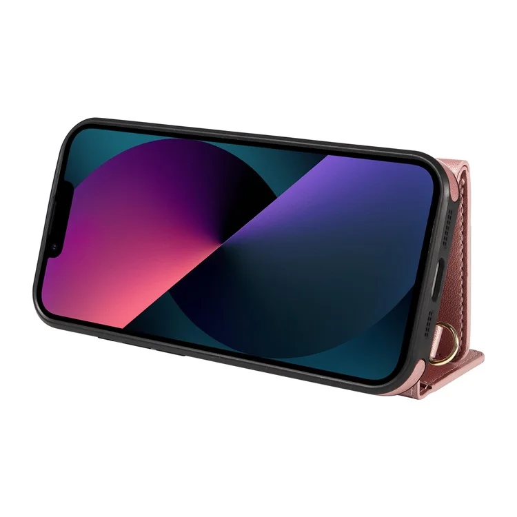 Чехол для iPhone 14 / 13 с ремешком через плечо, держателем для карт и подставкой, кожаное покрытие, TPU - розовое золото
