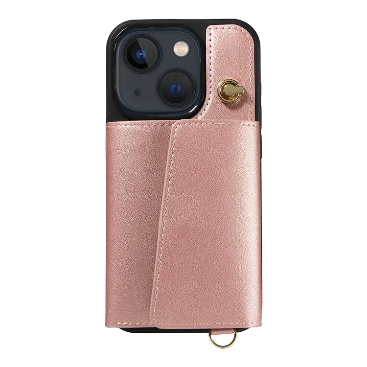 Чехол для iPhone 14 / 13 с ремешком через плечо, держателем для карт и подставкой, кожаное покрытие, TPU - розовое золото