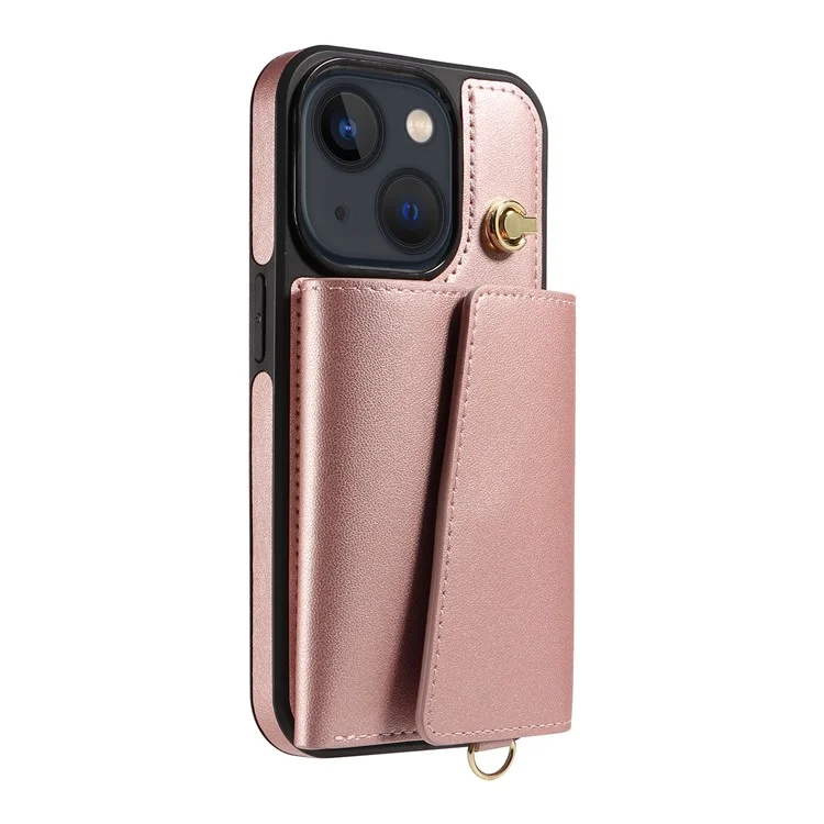 Чехол для iPhone 14 / 13 с ремешком через плечо, держателем для карт и подставкой, кожаное покрытие, TPU - розовое золото