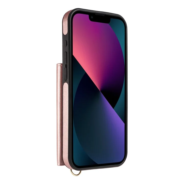 Чехол для iPhone 14 / 13 с ремешком через плечо, держателем для карт и подставкой, кожаное покрытие, TPU - розовое золото
