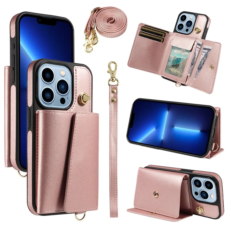 Custodia a tracolla per iPhone 13 Pro, porta carte, supporto, rivestimento in pelle e TPU - Rose Gold