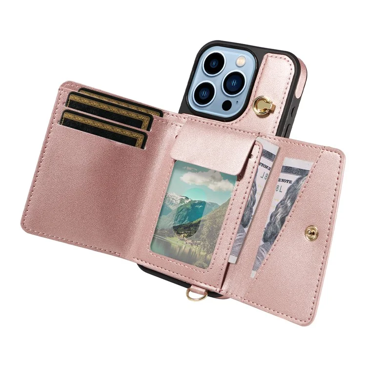Custodia a tracolla per iPhone 13 Pro, porta carte, supporto, rivestimento in pelle e TPU - Rose Gold